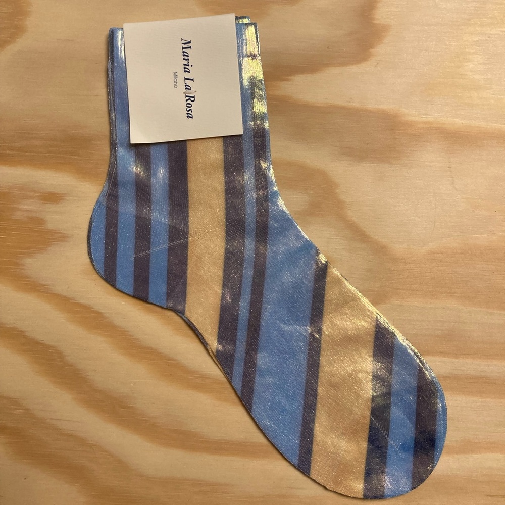 NWT Maria La Rosa Laminated Silk Ankle Socks in Yellow and Blue Stripe